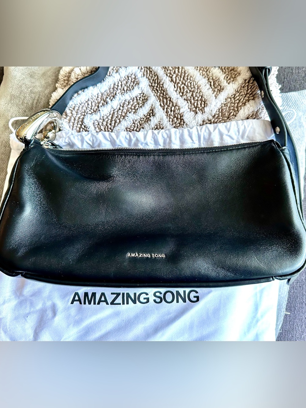 AMAZING SONG Black Leather Baguette Shoulder Bag (with Dust Bag)